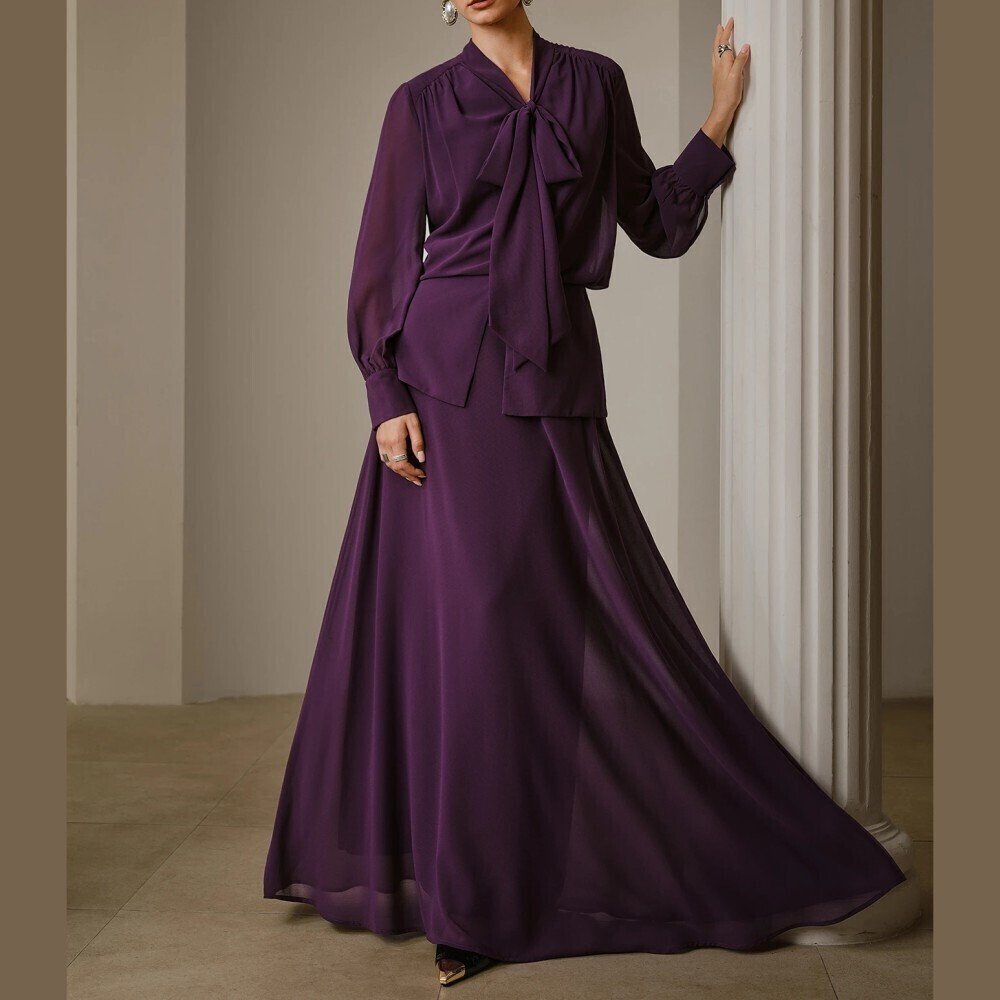 Plum Purple Sheer Chiffon Tie Neck Blouse and Maxi Skirt Set